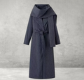 Navy pinstripe maxi wrap coat with cowl collar and horizontal cuff detail  - Velara UK