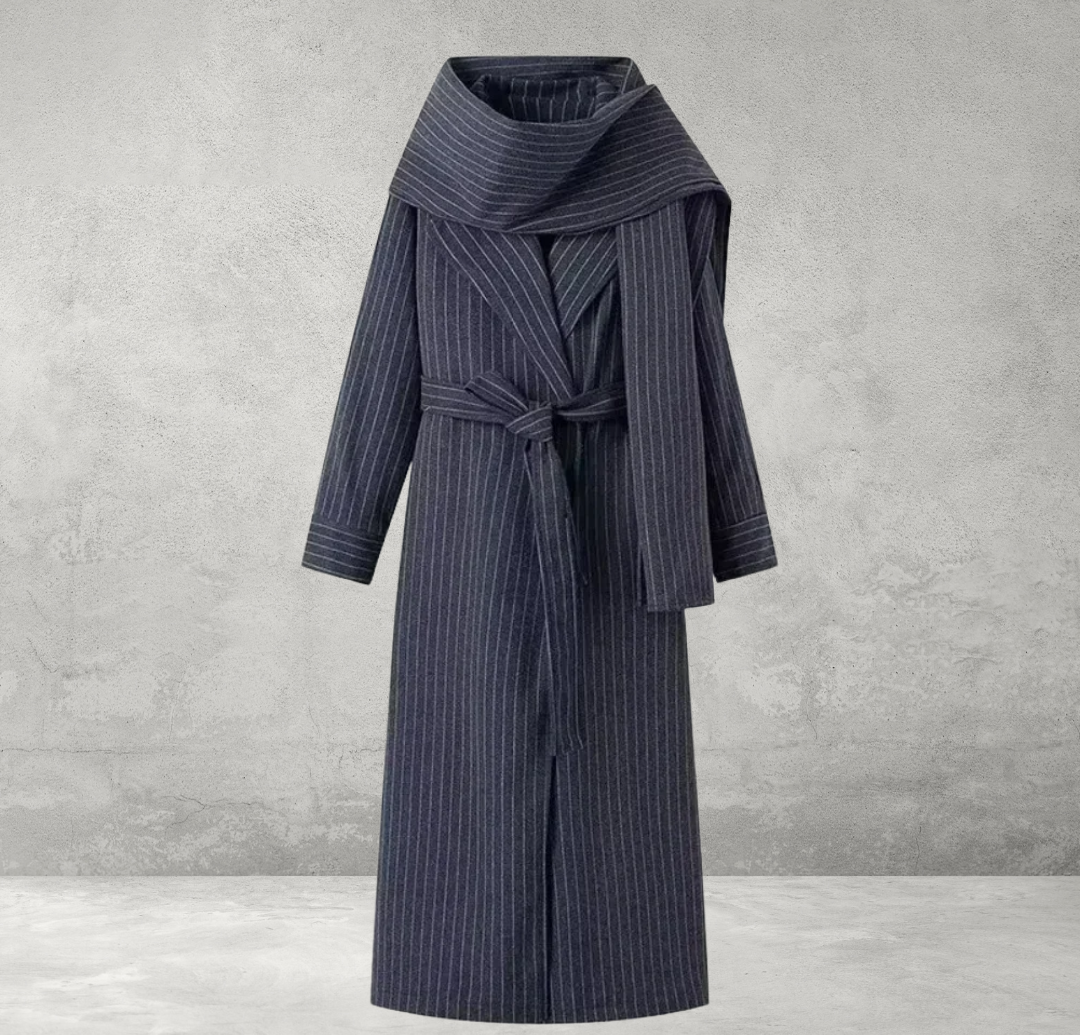 Navy pinstripe maxi wrap coat with cowl collar and horizontal cuff detail  - Velara UK