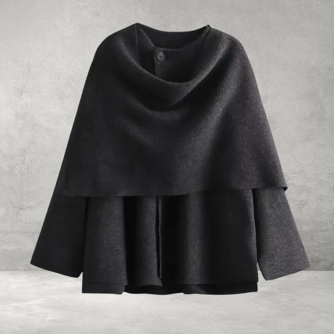 Charcoal wool  blend capelet jacket with double layer construction and flared sleeves product flatlay - Velara UK