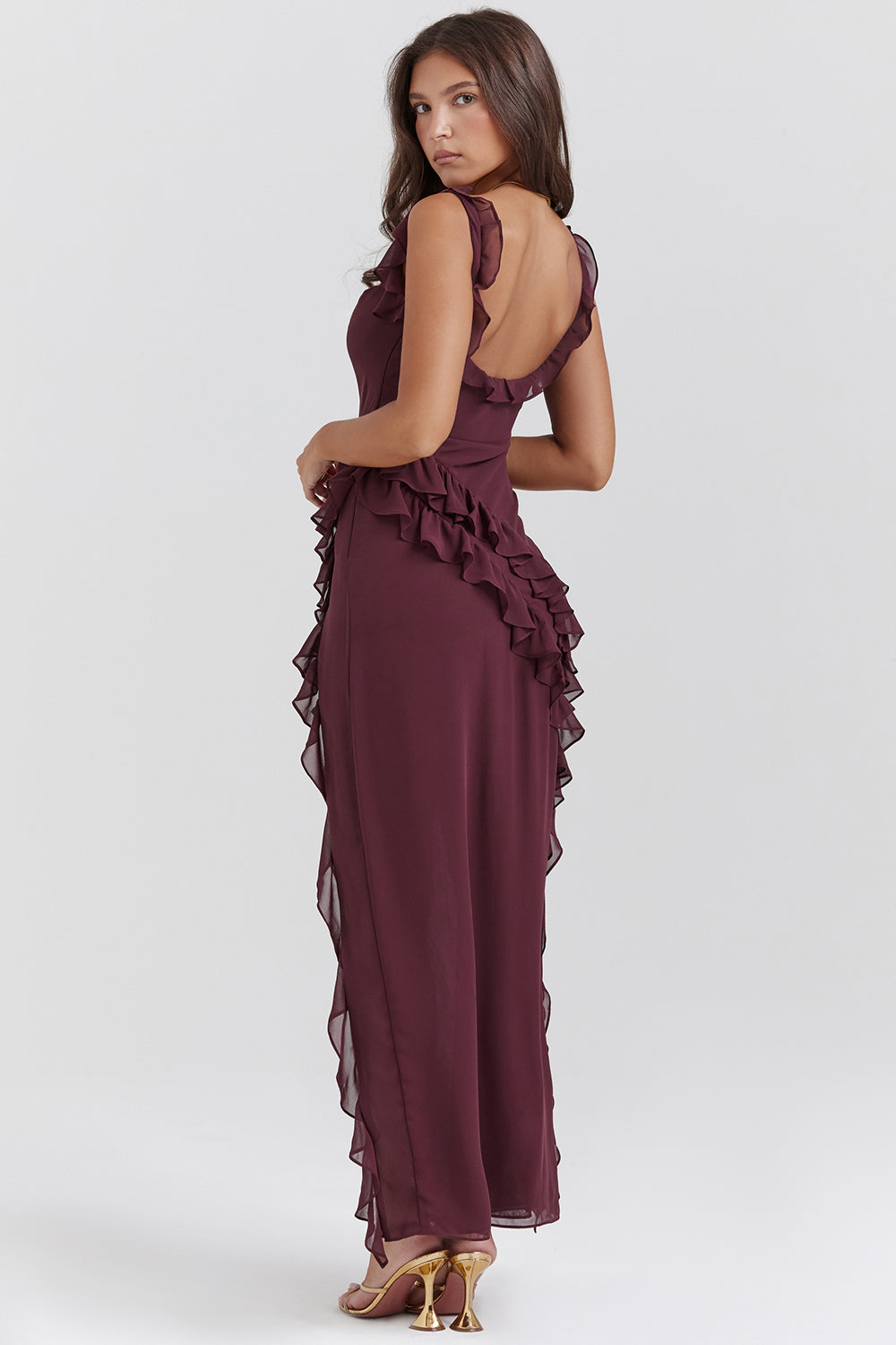 Burgundy fringe maxi dress with tassel detail, back view