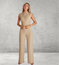 Beige tan sleeveless jumpsuit with high wrap collar and wide leg tailored pants - Velara UK