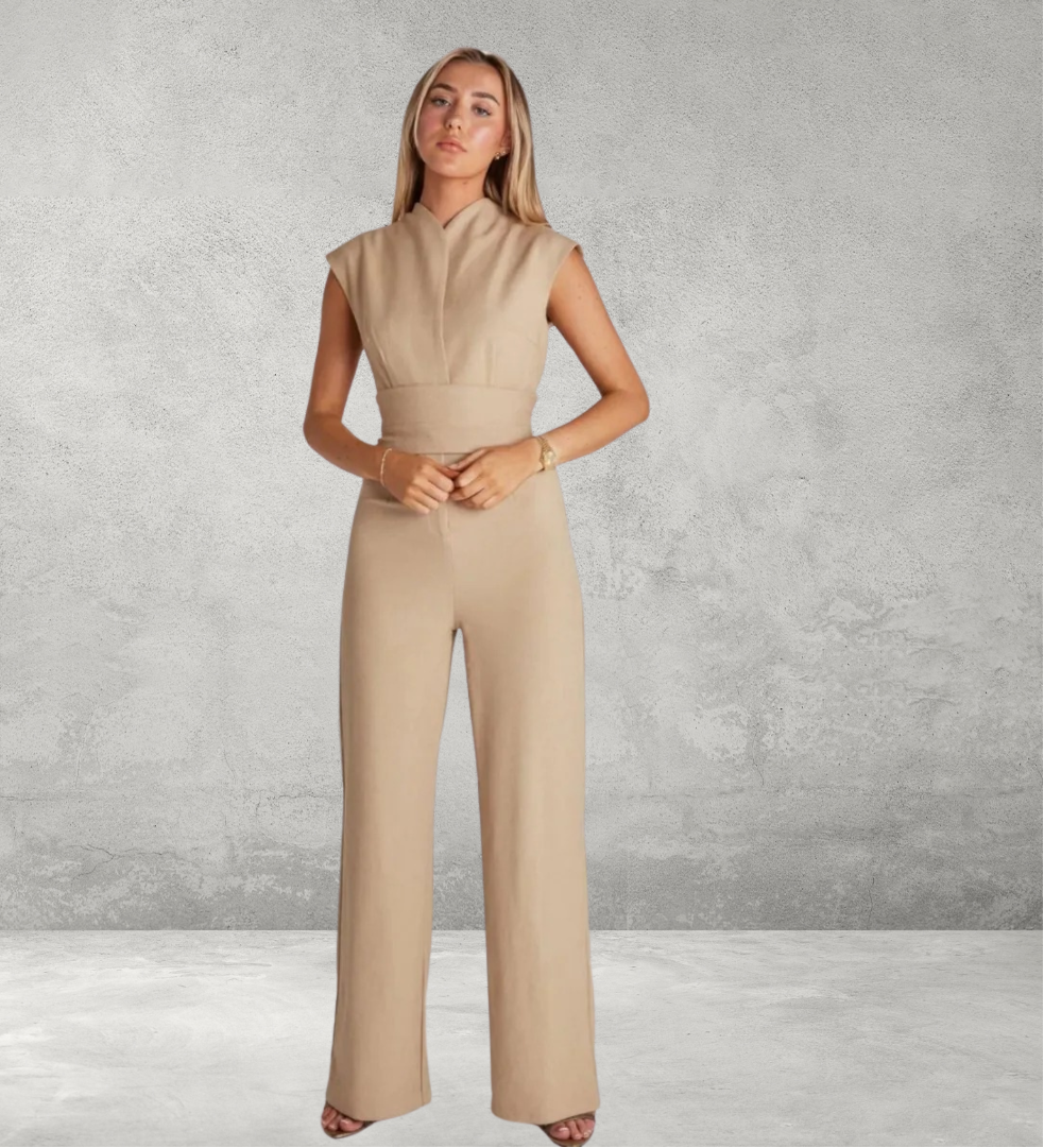 Beige tan sleeveless jumpsuit with high wrap collar and wide leg tailored pants - Velara UK