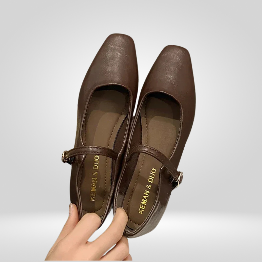 Brown square toe low heel mules, pair top view