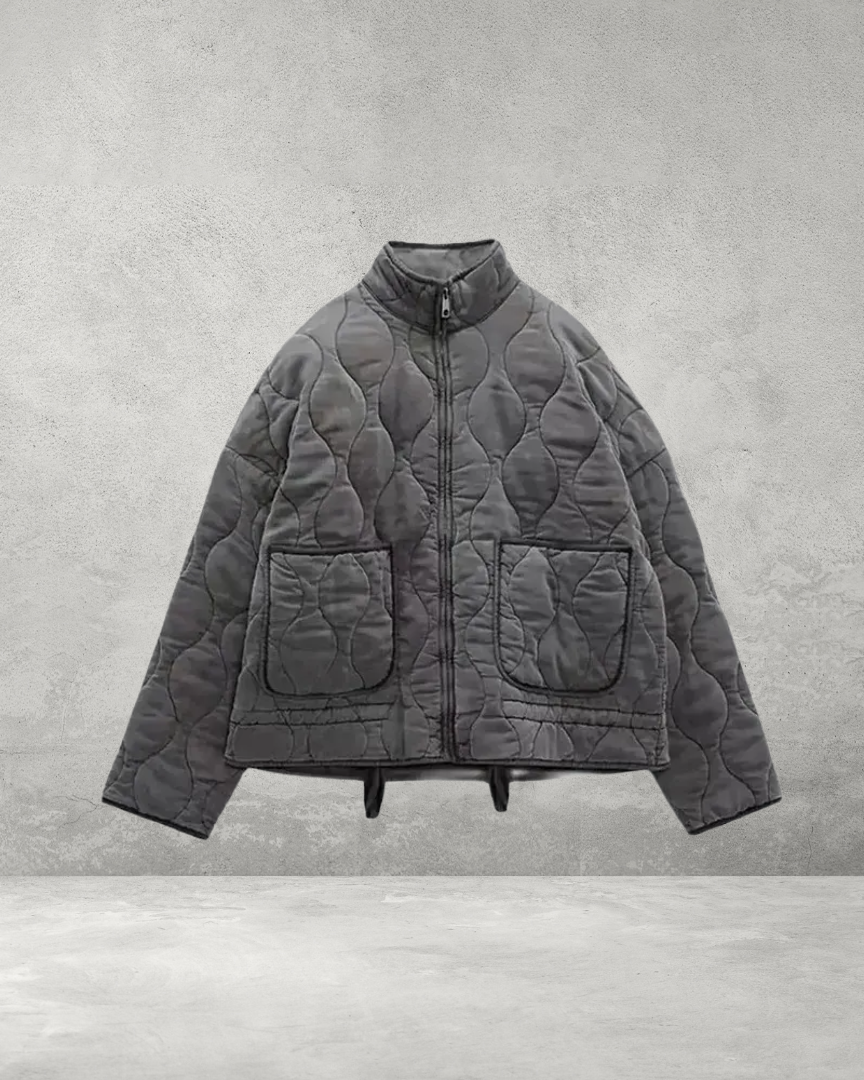 Grey quilted bomber jacket, front view