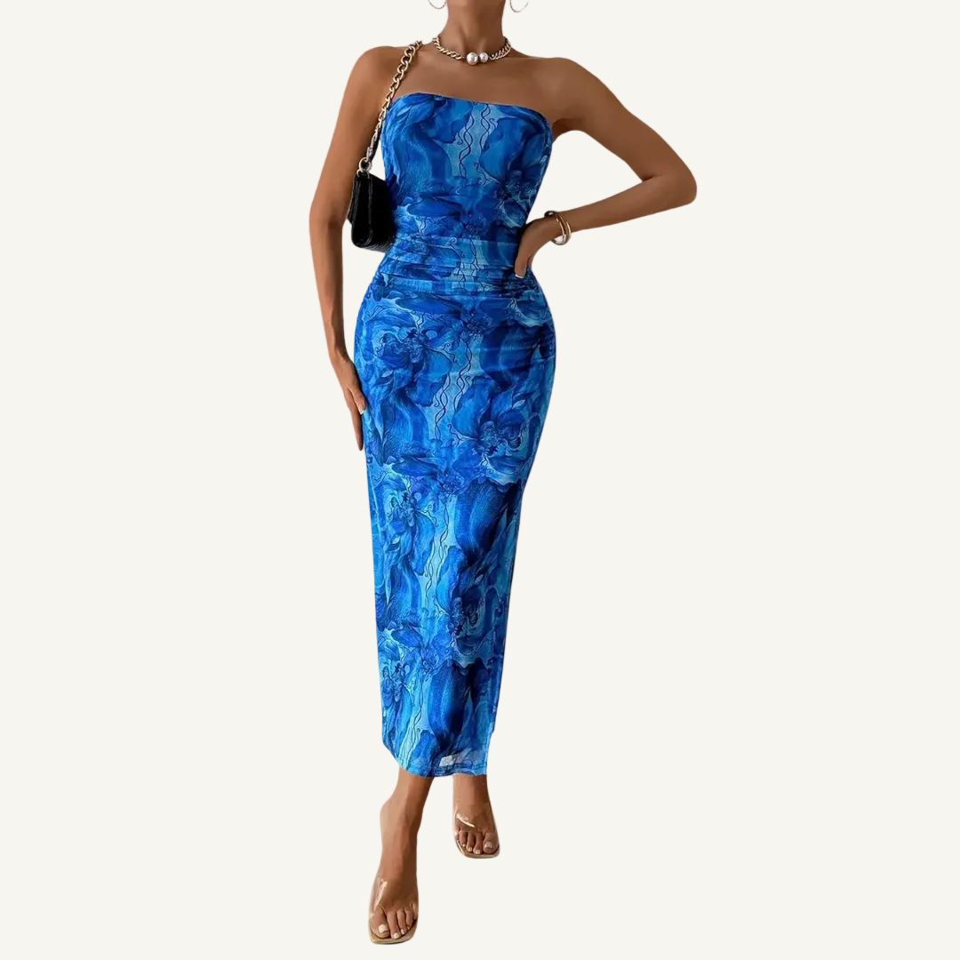 Blue printed wrap dress with front split and open neckline