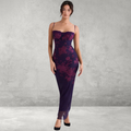 Purple tie-dye mesh bodycon maxi dress with bustier neckline