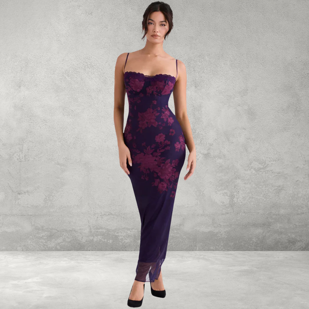 Purple tie-dye mesh bodycon maxi dress with bustier neckline