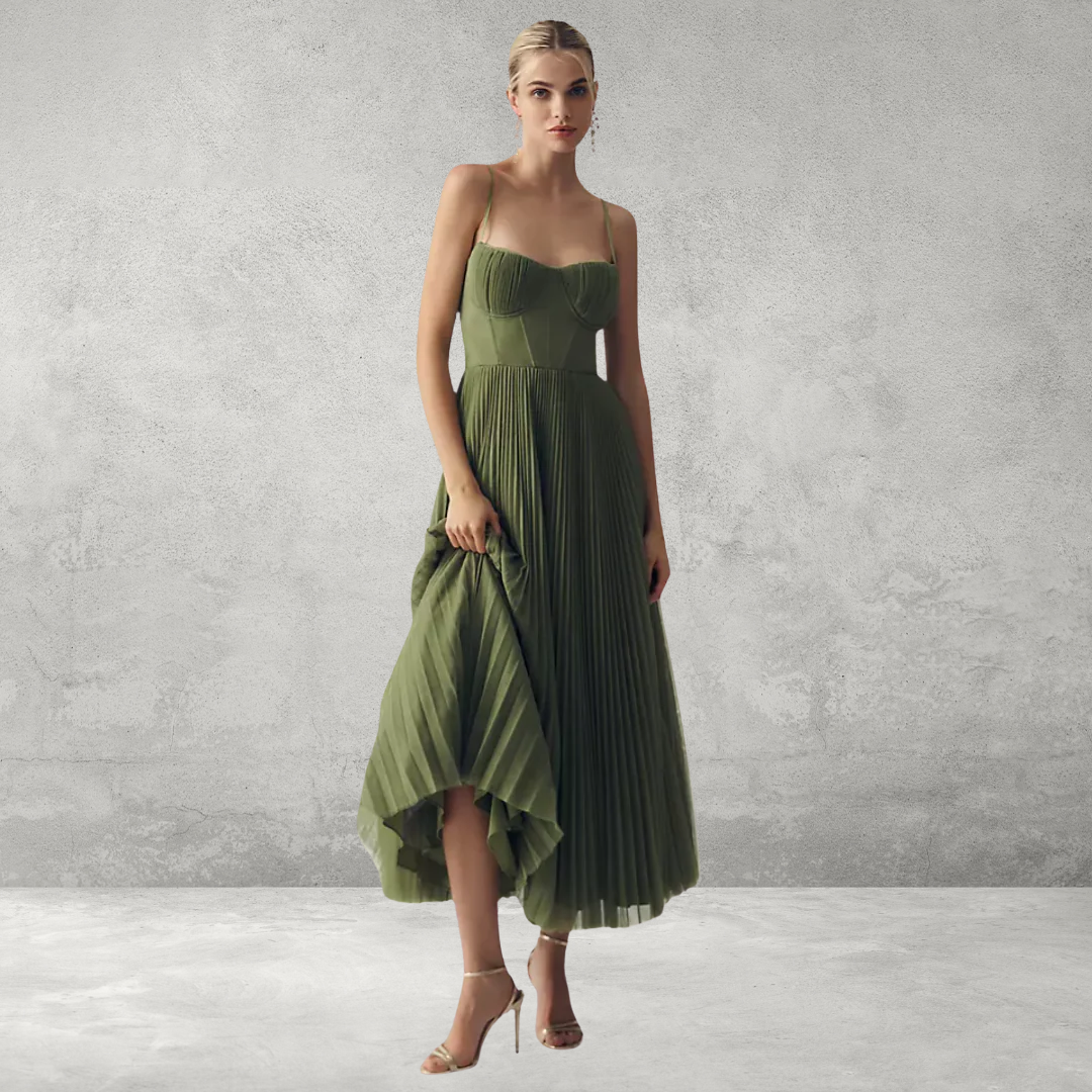 Sage green bustier tulle midi dress with pleated skirt