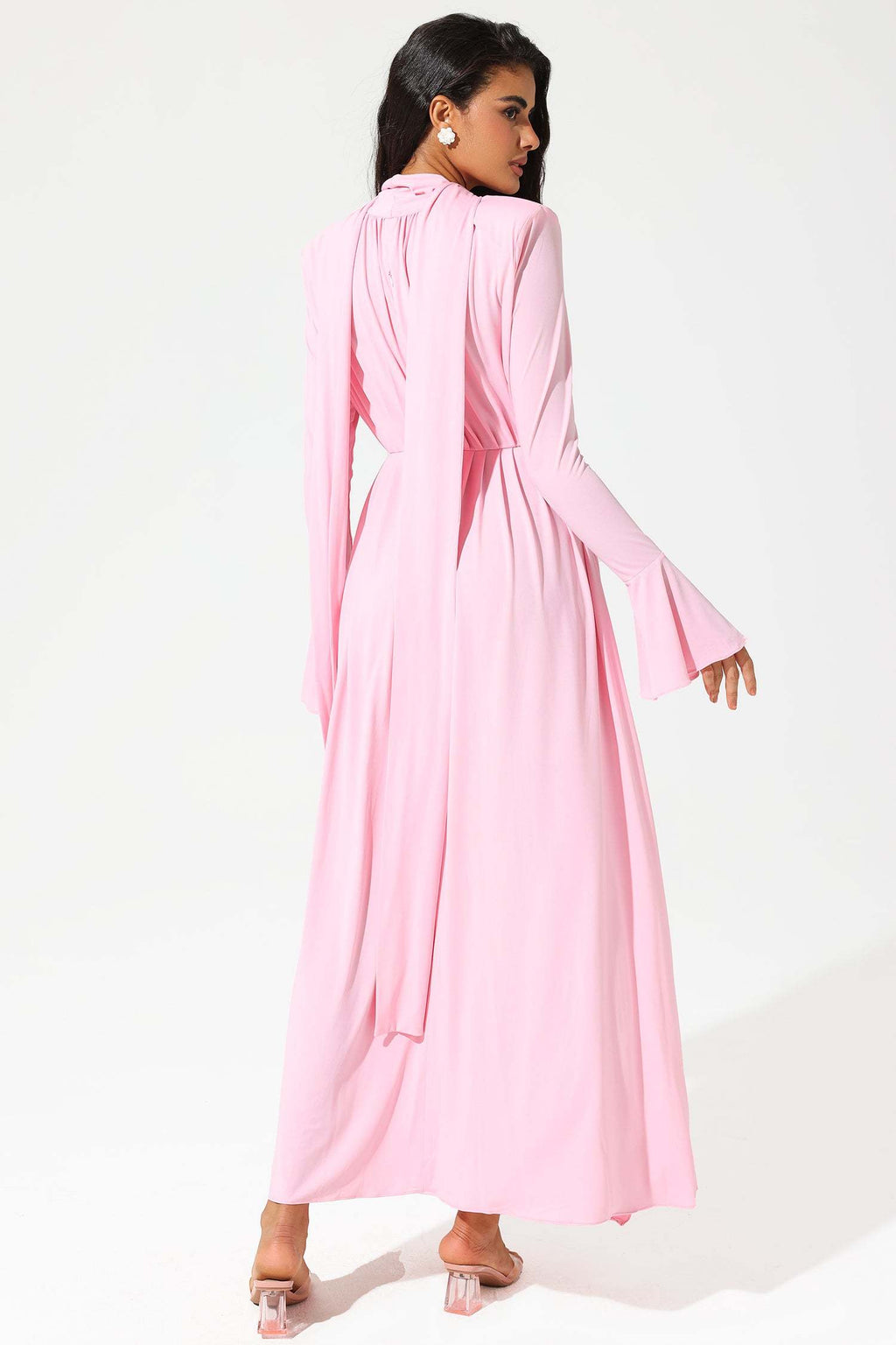 Pink cotton dress with pleated skirt, front view