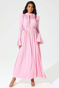 Pink cotton maxi dress with lace trim and long sleeves