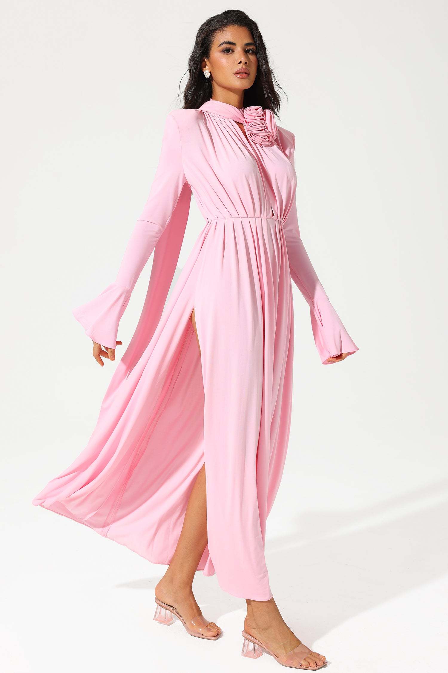 Pink lace-trim dress, side view