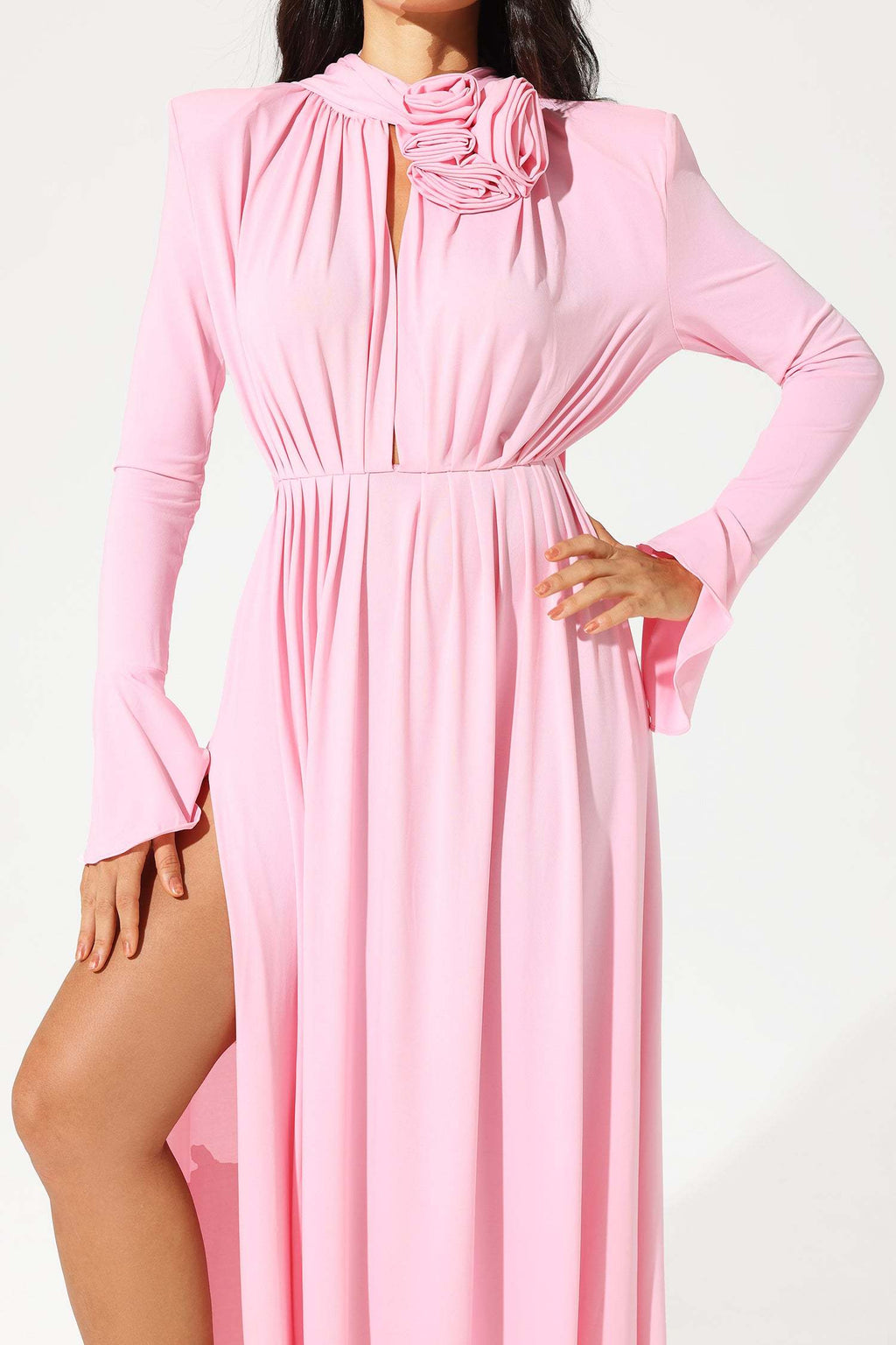 Close-up of pink dress bodice and lace detail
