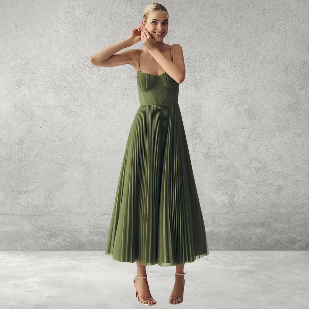 Sage green bustier midi dress, back view