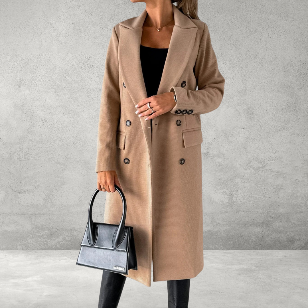 Camel double-breasted coat, front view