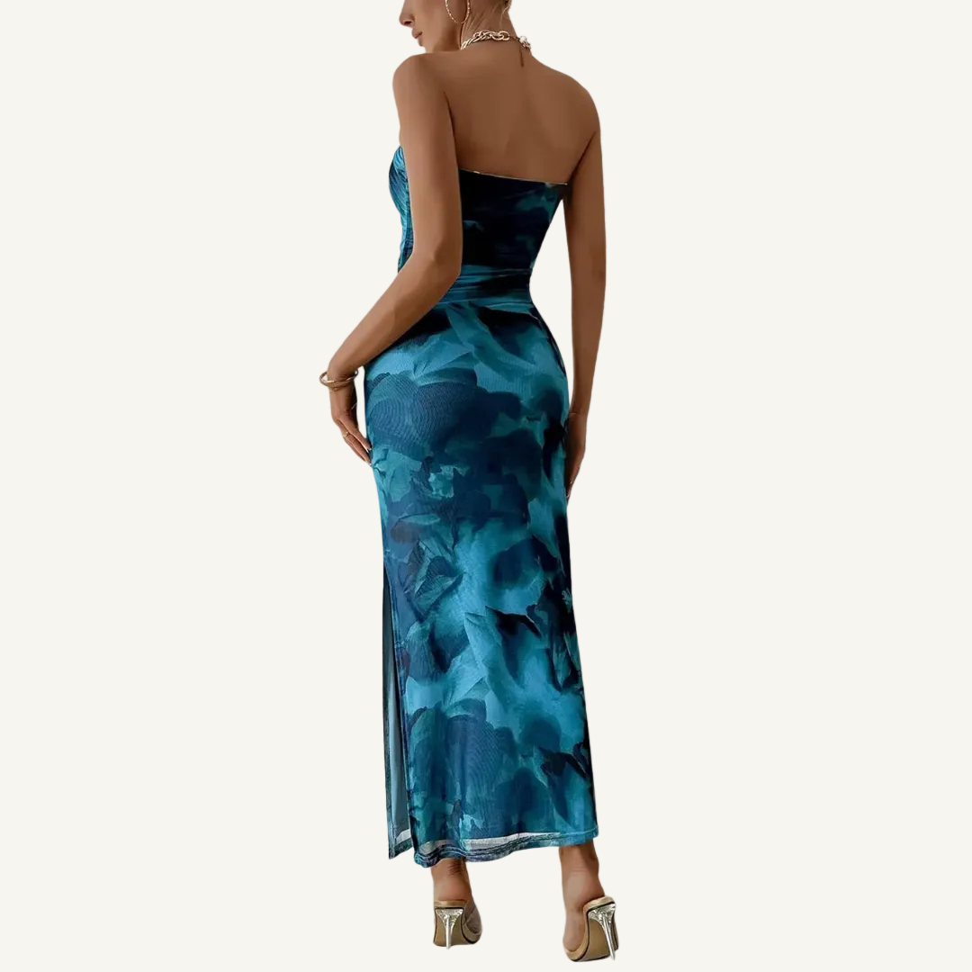 Blue printed maxi dress, side view showing split