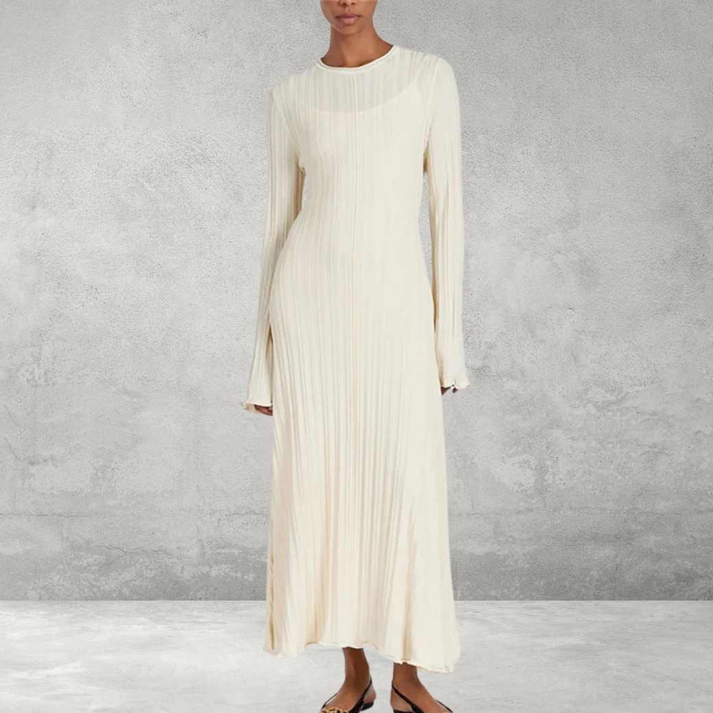 Beige ribbed knit maxi dress, front view