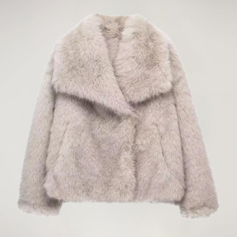 Cream faux fur cropped coat, front view