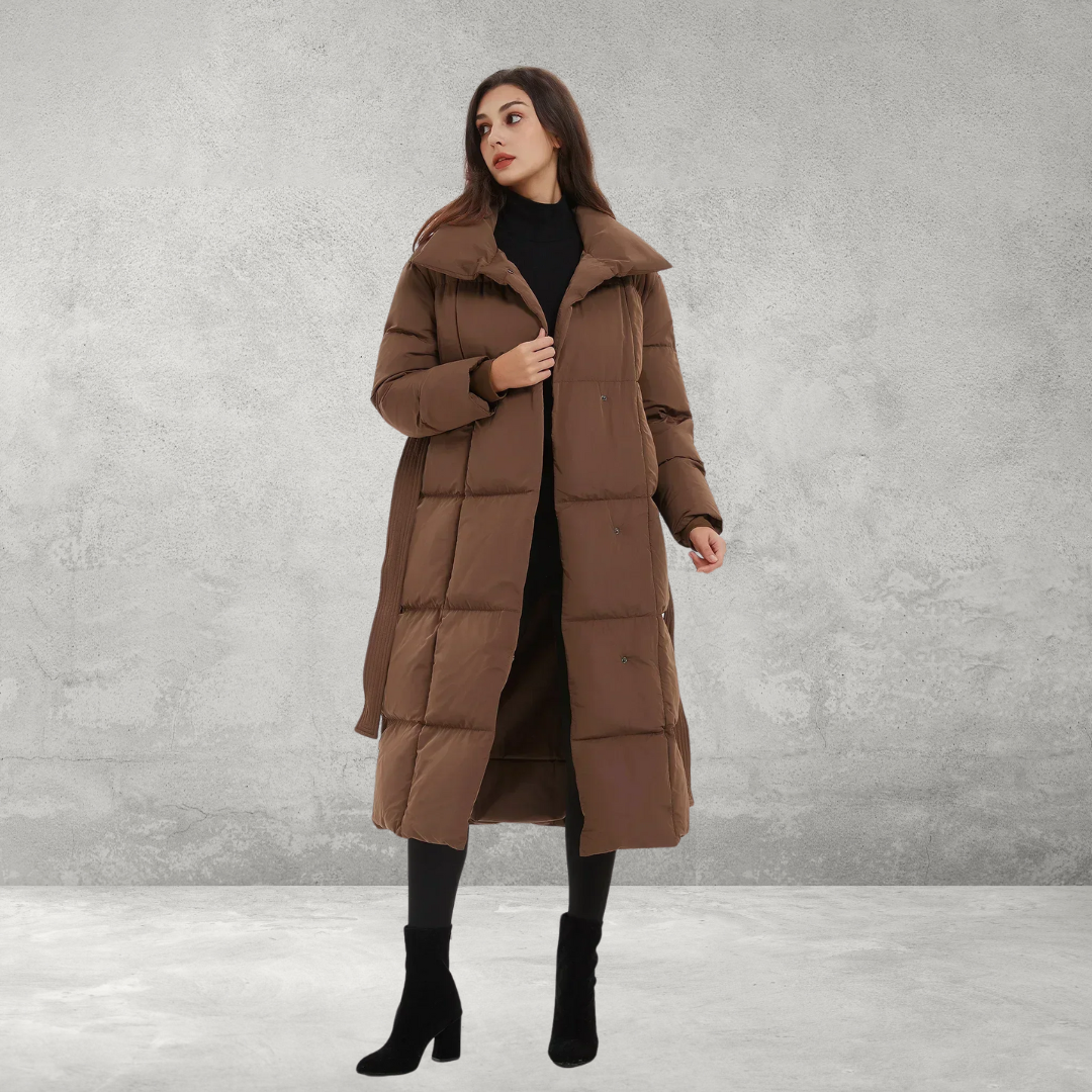 Brown padded winter coat, front view