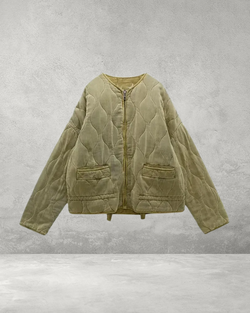 Olive green quilted bomber jacket, front view