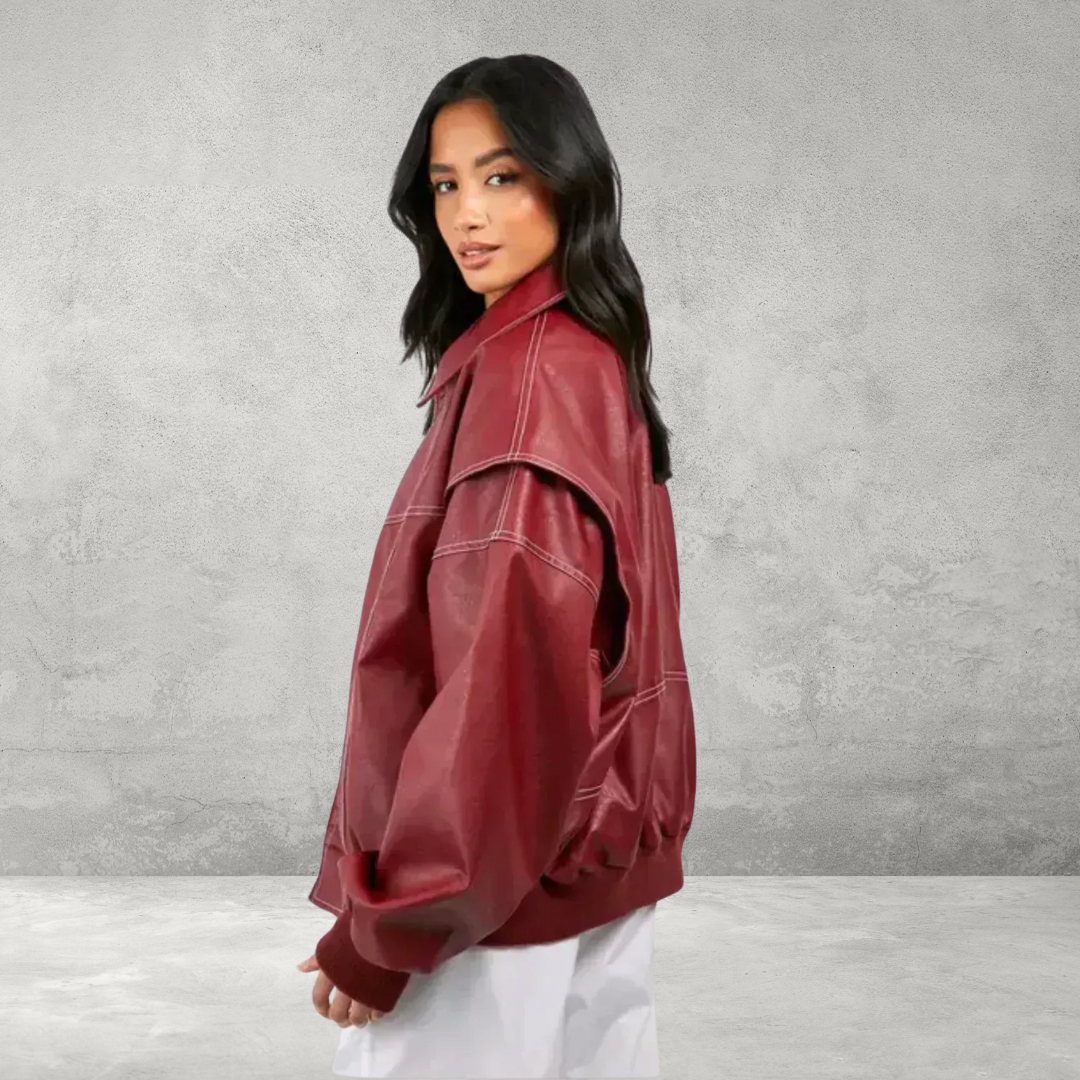 Red faux leather bomber jacket, side view