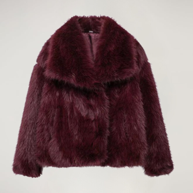 Burgundy faux fur cropped coat, front view