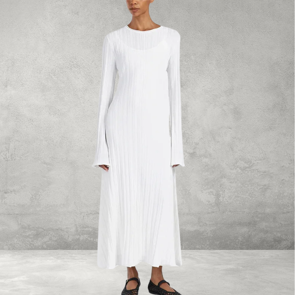 White ribbed knit maxi dress, front view
