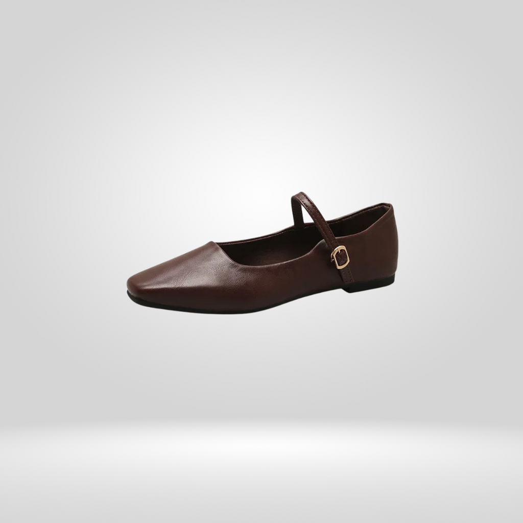 Brown square toe low heel mule, side view