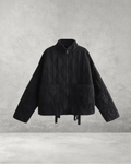 Black quilted bomber jacket, front view