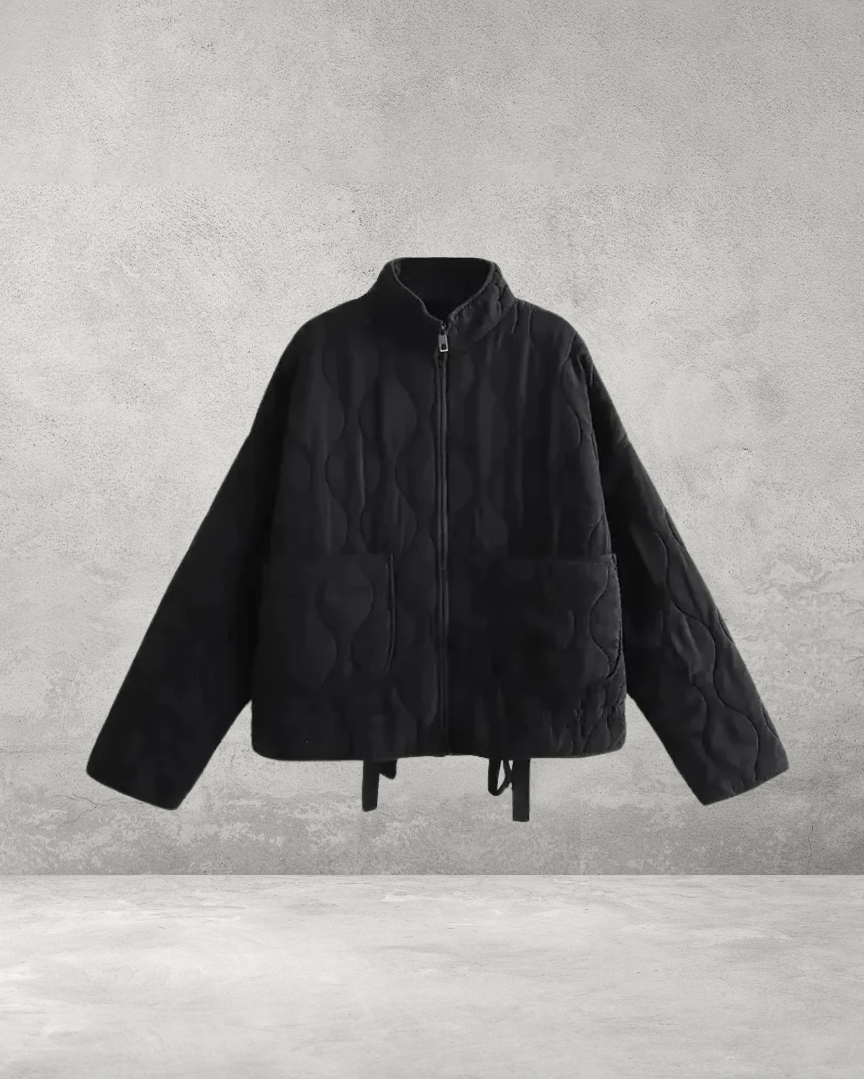 Black quilted bomber jacket, front view