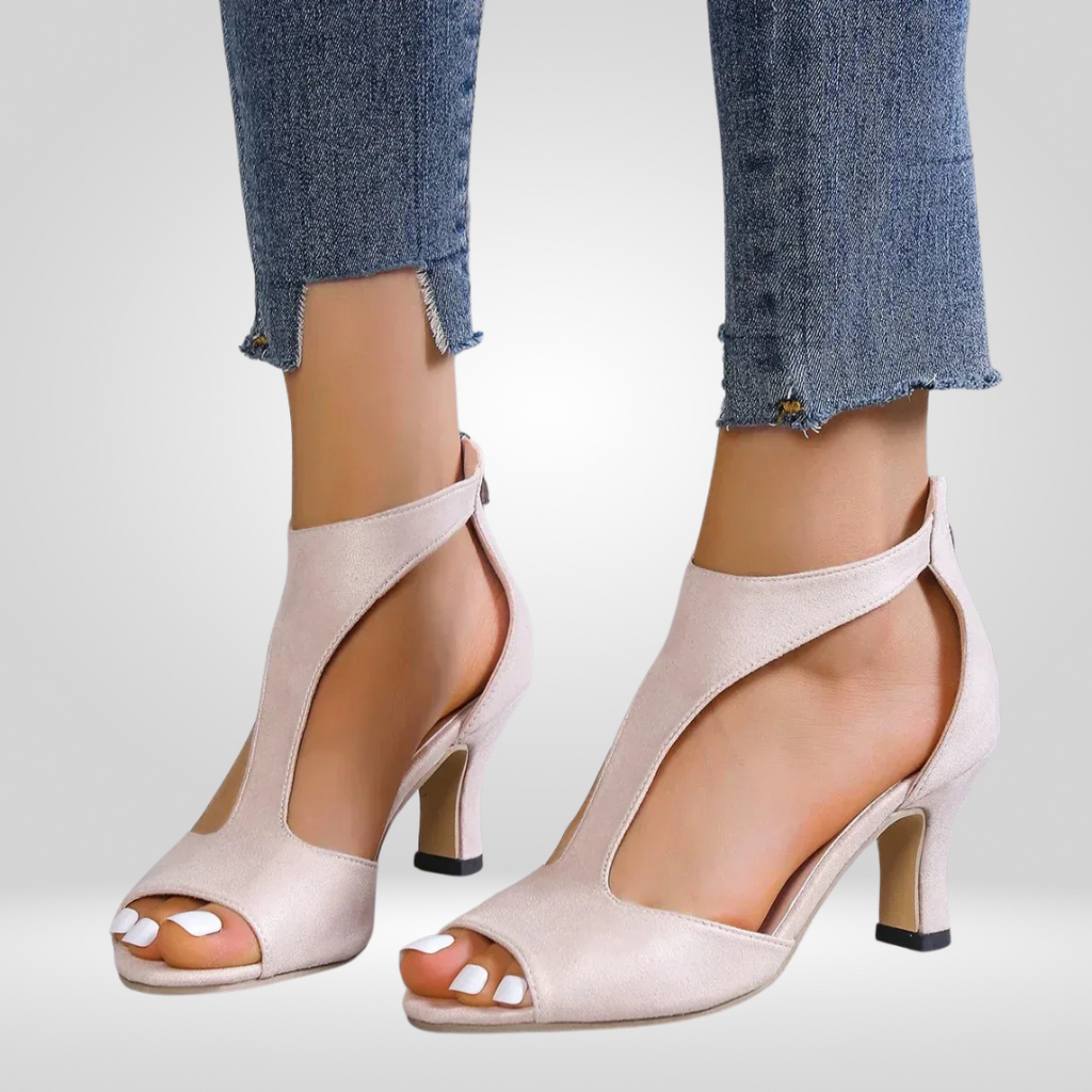 Nude block heel sandals with ankle strap, front view