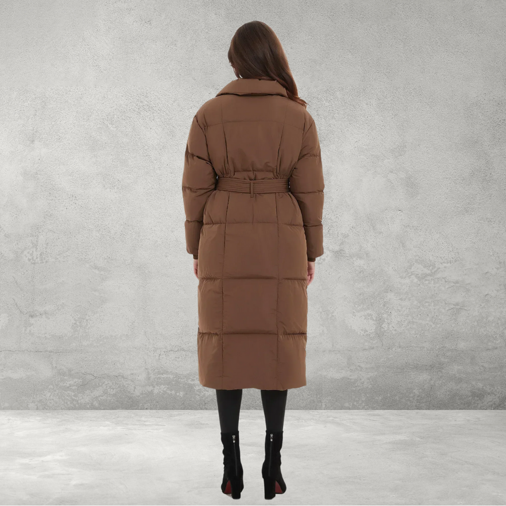 Brown padded winter coat, back view 