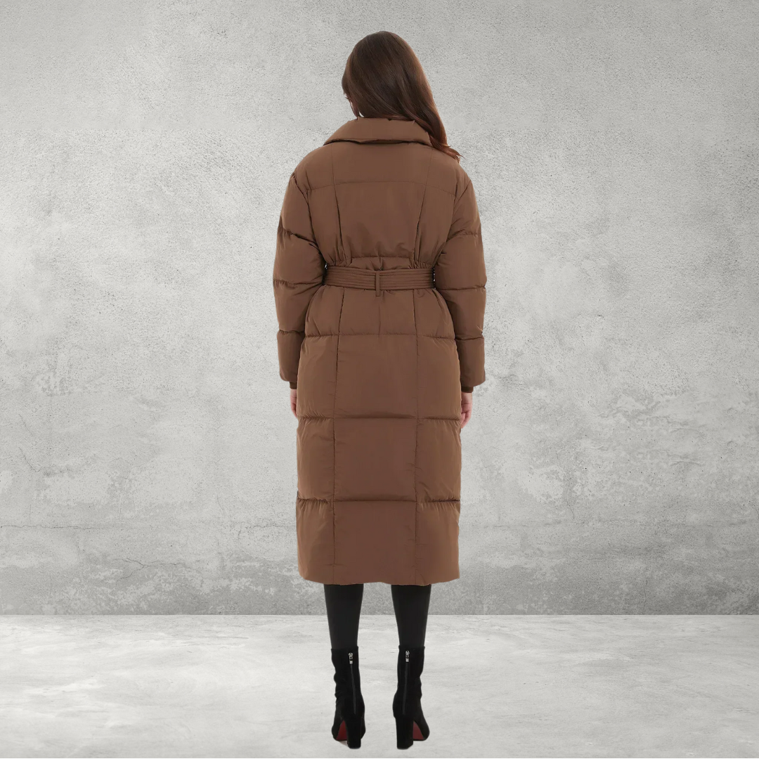 Brown padded winter coat, back view 