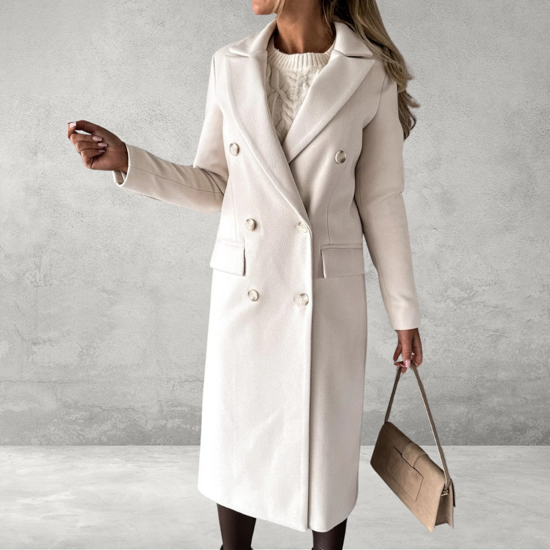 Cream double-breasted coat, front view
