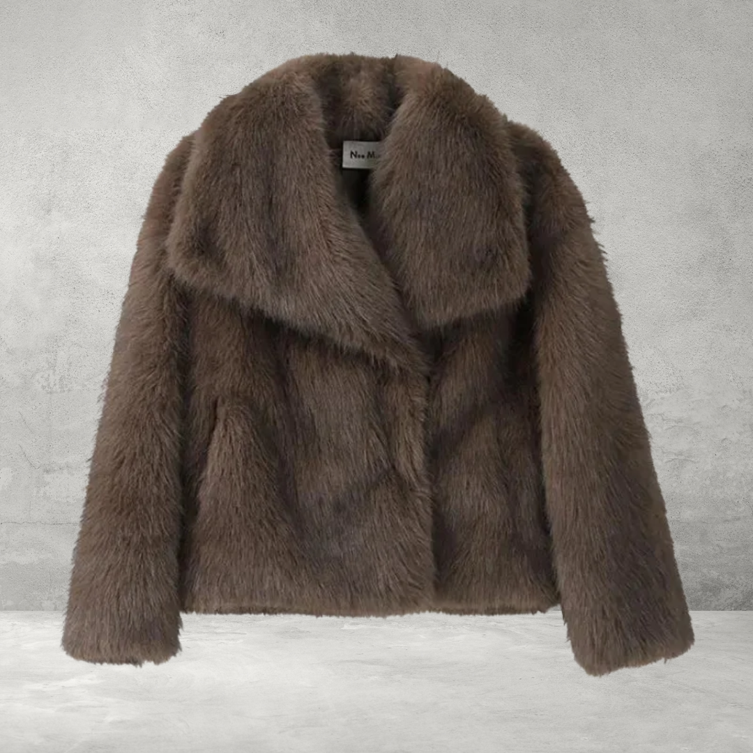 Brown faux fur cropped coat, front view