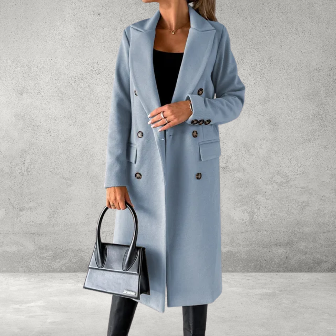 Light blue double-breasted coat, front view