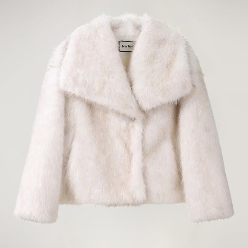 White faux fur cropped coat, front view
