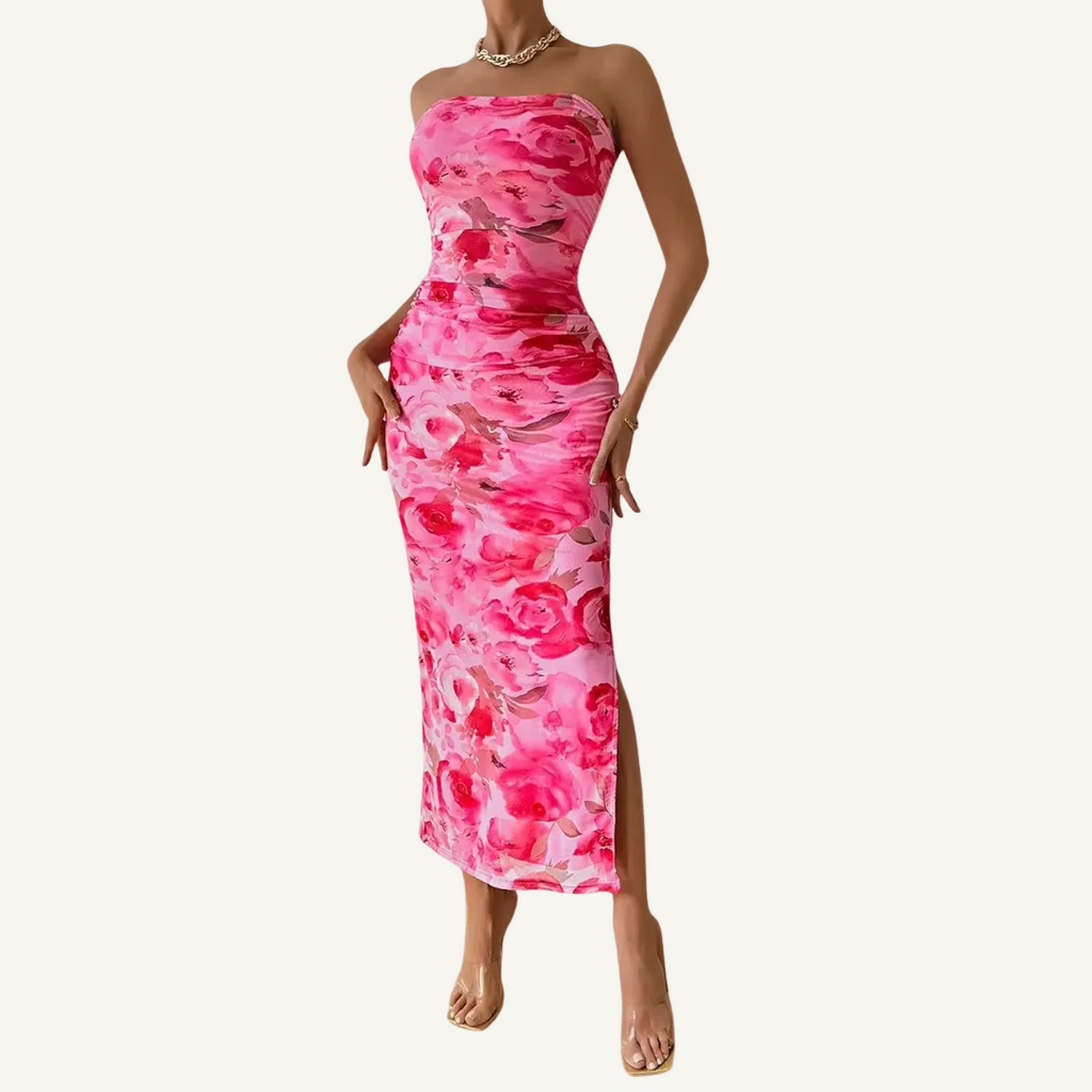 Pink printed wrap dress with thigh split