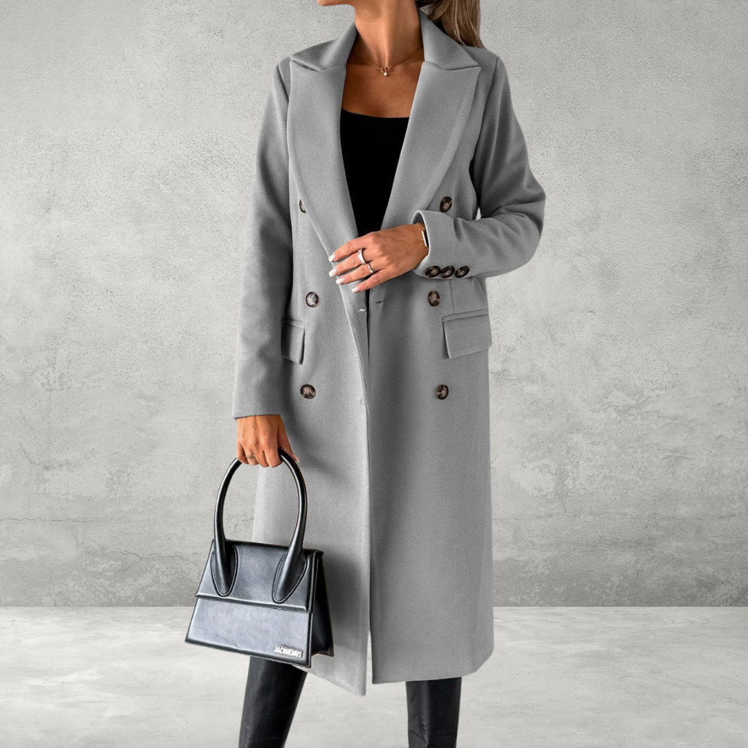Grey double-breasted coat, side view