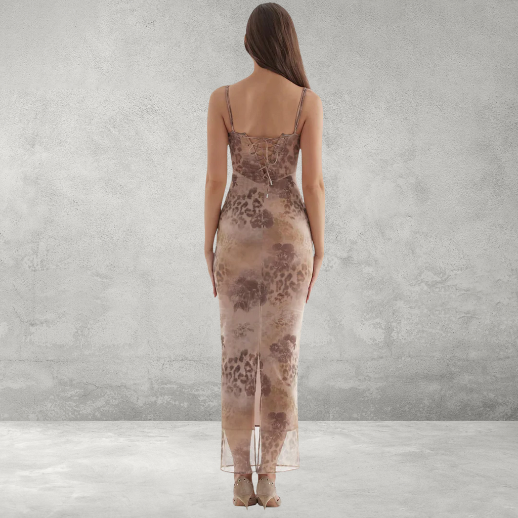Beige mesh bodycon dress, back view