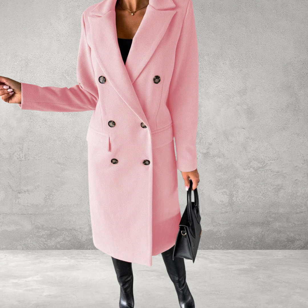 Pink double-breasted coat, side view