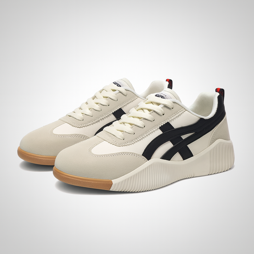 Beige and black vintage-style sneakers with contrast stripe