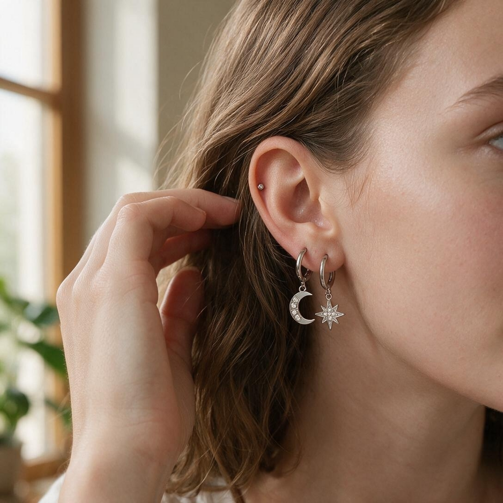 Woman wearing silver-tone hoop earrings with moon and star charms, lifestyle close-up portrait