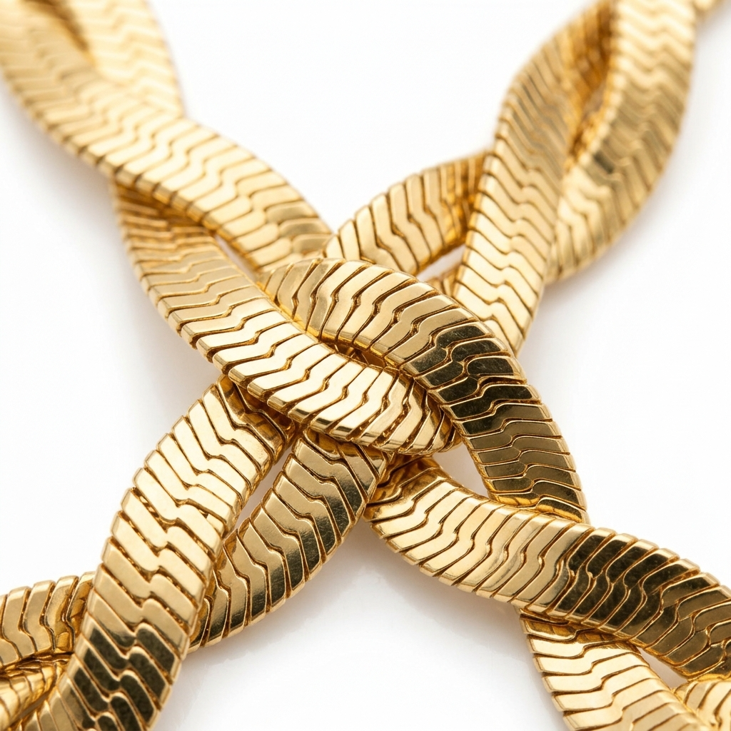 Twisted herringbone chain necklace in gold color stainless steel on white background – Velara