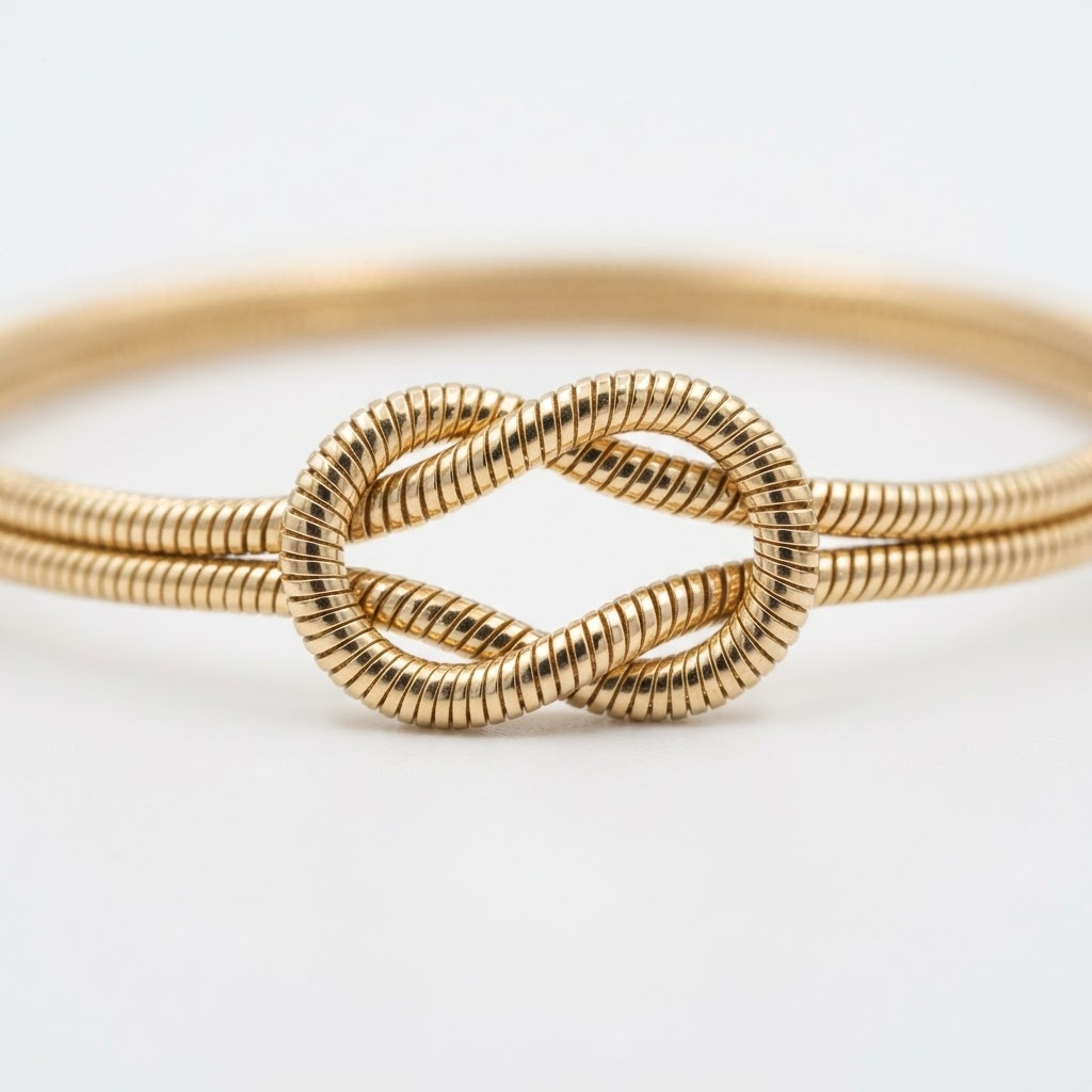 Gold-toned double snake chain bracelet infinity knot detail – two parallel cylindrical snake chains forming decorative love knot with hollow eye-shaped opening – extreme close-up product photography
