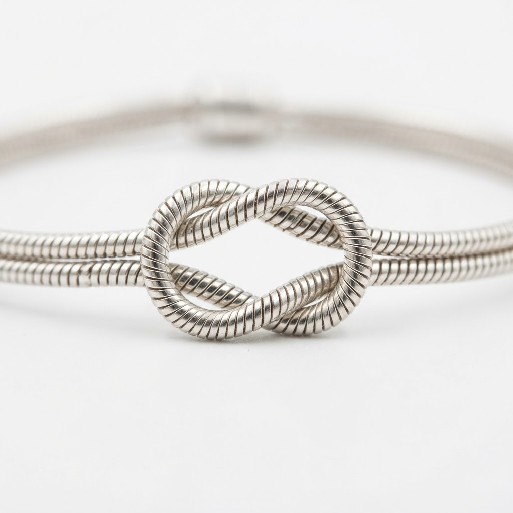 Silver-toned double snake chain bracelet infinity knot detail – two parallel cylindrical snake chains forming decorative love knot with hollow eye-shaped opening – extreme close-up product photography