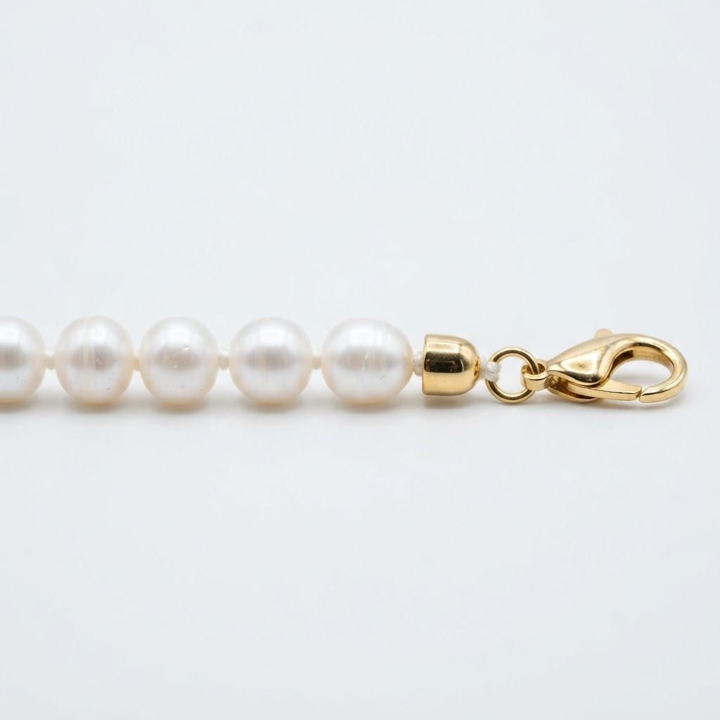 White faux pearl bracelet detail – oval rice-shaped pearls with lustrous milky white pearlescent sheen, gold clamshell end cap and lobster clasp – extreme close-up product photography