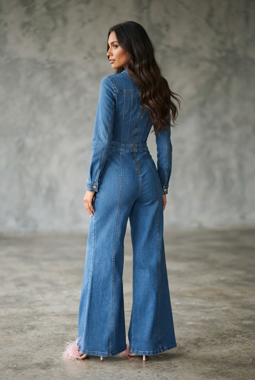 Medium blue denim jumpsuit with corset waist and wide leg draping back view - Velara UK