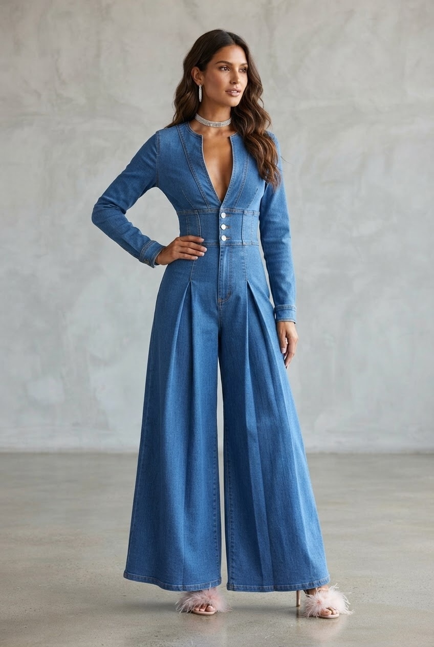 Medium blue denim jumpsuit with deep V-neckline, cinched waist and wide leg fit three quarter view - Velara UK
