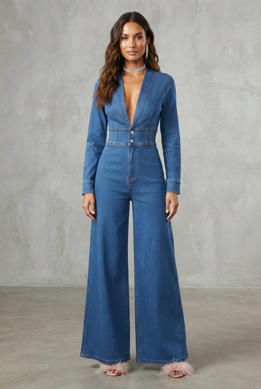 Medium blue denim jumpsuit with plunge V-neck, corset waist and wide leg palazzo pants front view - Velara UK
