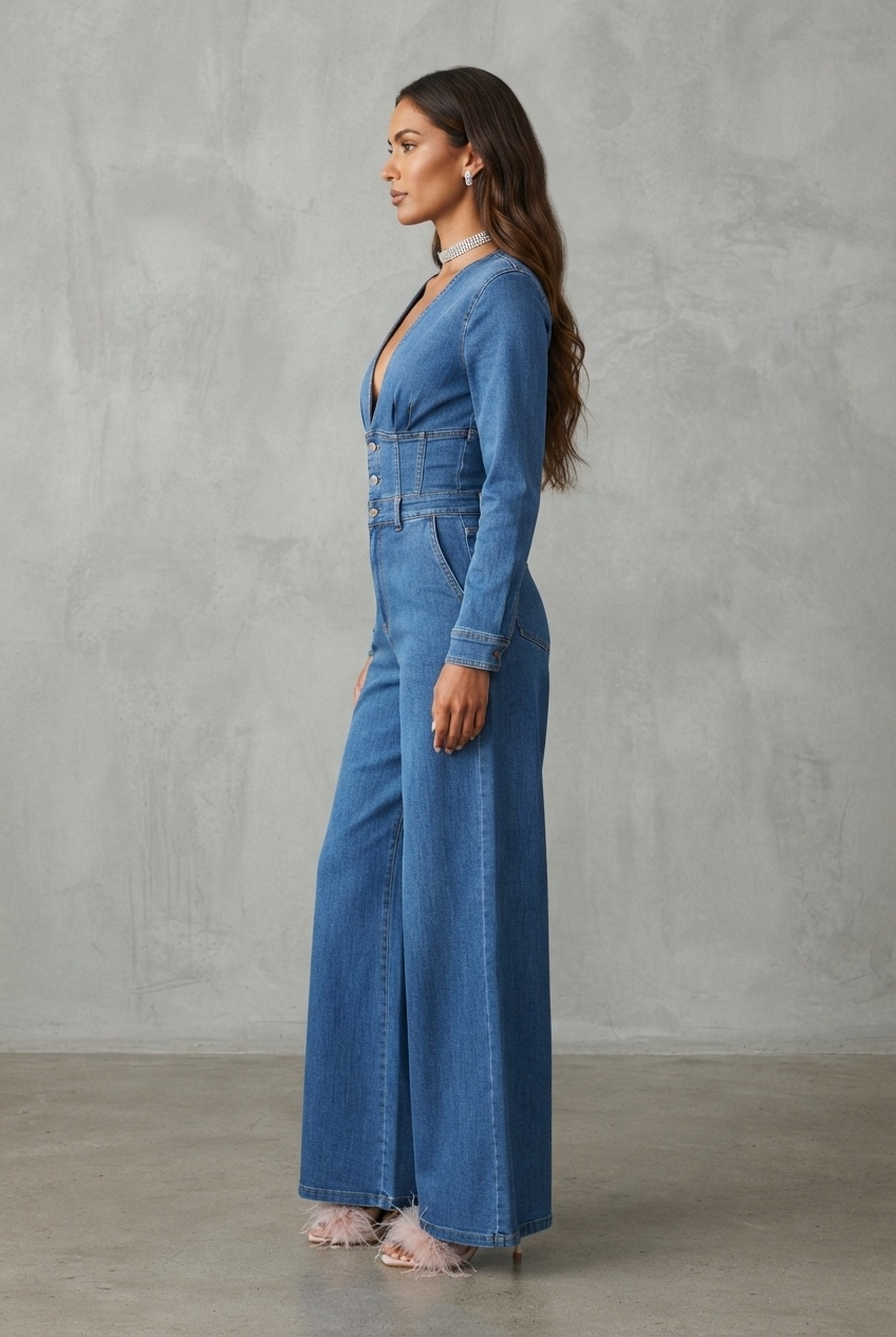 Medium blue denim jumpsuit with fitted bodice and dramatic wide leg palazzo pants side view - Velara UK